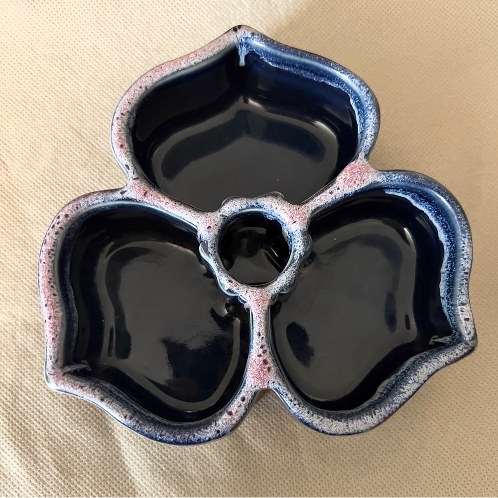 Bay Pottery VA Cobalt Blue Drip Glaze 3 Section Candle Holder EUC